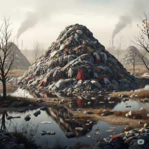 A vast, desolate landscape with an enormous, overflowing mountain of discarded clothes under a hazy, polluted sky, illustrating the environmental impact of fast fashion.