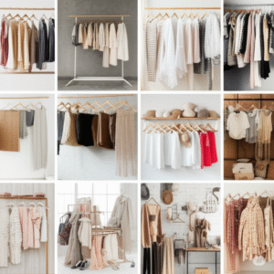 A bright and airy studio with a clothing rack displaying garments in natural, undyed fabrics like linen and organic cotton, interspersed with lush green plants.